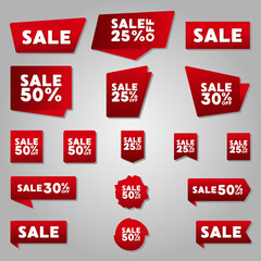 Collection set, sale tags, discount red ribbons.