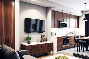 Naklejka na ściany i meble Hotel interior design for a modern urban contemporary living room with white walls, a TV, a kitchen, and wood walnut furniture. Generative AI