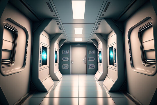 Interior of a spaceship with a futuristic style, metal floor, and light panels. Generative AI