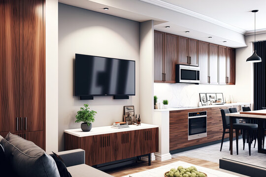 Hotel interior design for a modern urban contemporary living room with white walls, a TV, a kitchen, and wood walnut furniture. Generative AI