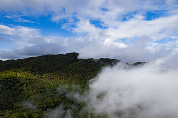 Serra da Bocaina National Park. Aerial view of heavy clouds amid clouds. Mountain, low clouds and fog.