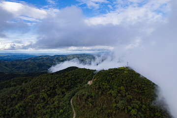 Serra da Bocaina National Park. Aerial view of heavy clouds amid clouds. Mountain, low clouds and fog.