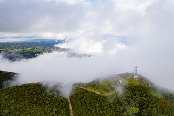 Serra da Bocaina National Park. Aerial view of heavy clouds amid clouds. Mountain, low clouds and fog.