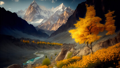 Fototapeta na wymiar Gorgeous mountain landscape. Scenic view of Hunza Valley in summer in Pakistan. digital art