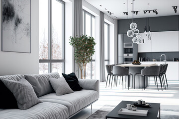 Modern open plan apartment with white and gray walls, gray fashionable upholstered furniture, and large windows in a minimalistic design. Generative AI