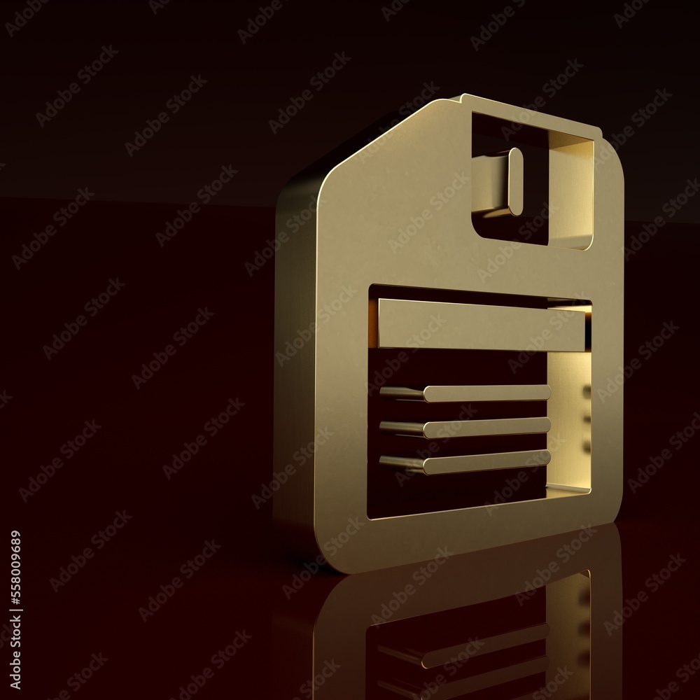 Poster gold floppy disk for computer data storage icon isolated on brown background. diskette sign. minimal
