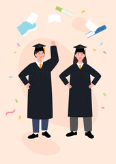Vector illustration of students in graduation gowns.