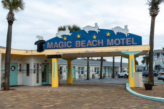 Vilano Beach, Florida - December 29, 2022: Sign for the Magic Beach Motel, a vintage style hotel on the Atlantic coast of Florida