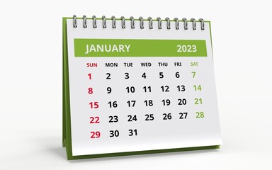 Standing Desk Calendar January 2023. Business monthly calendar with metal spiral-bound, the week starts on Sunday. Monthly Pages on a white base and green title, isolated on a white background, 3d re
