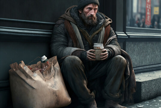 Homeless Person on the Street Illustration, Homelessness Problem, Social Issues, Fictional Characters, Generative AI