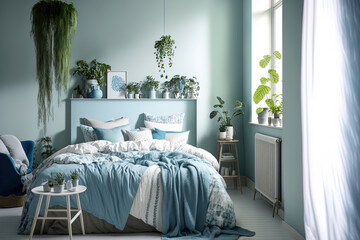With a double bed, plants, and grey crates on the floor, the interior of the bedroom is sky blue. Generative AI