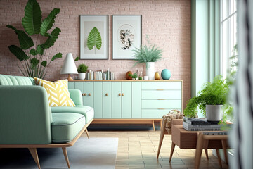 Modern living room with pastel colors with sofa, oak sideboard over light green brick wall. Generative AI