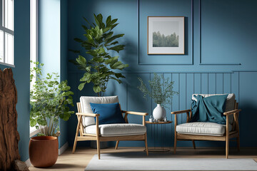 a living room with a lofty and old aesthetic, wood armchairs with plants on wood flooring, and a blue wall. Generative AI