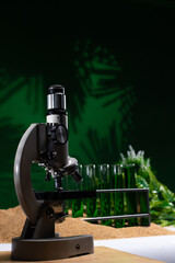 Tube Lab drug research, Natural organic and scientific extraction in glassware, Forest Leaf green...