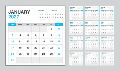 Calendar 2027 year blue design, Monthly calendar template for 2027 year, Week Starts on sunday, Minimalist Wall calendar 2027 template, planner, Business template Vector