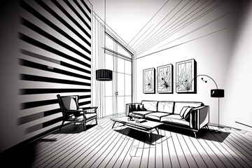 Interior design in black and white with streaks. drawing. Generative AI