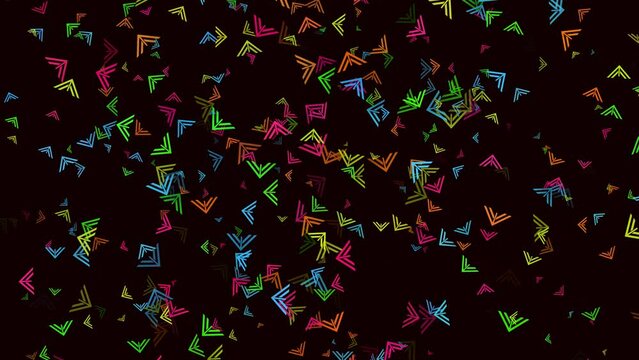 Abstract colored corners and arrows rotate looping up on black bg. Copy space for greet Mother Day, Valentine Day, wedding, Christmas, Birthday. Festive background. Transparent Alpha channel 3D render