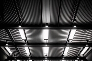 Background of warehouse ceiling lamp and metal roof structure. Generative AI