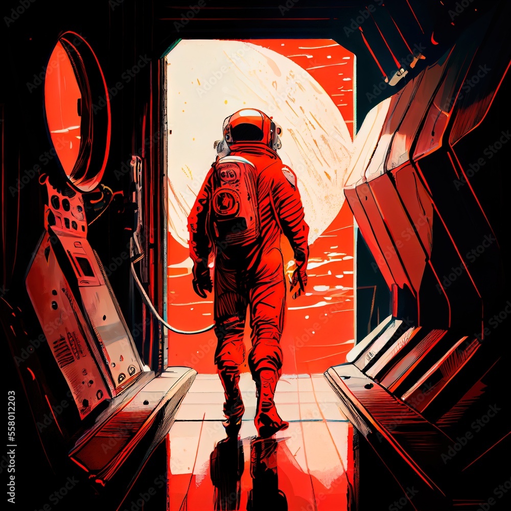 Wall mural an astronaut emerges from his spaceship. a high-tech astronaut from the future. the concept of space