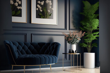 The living area features a contemporary Scandinavian interior design with mock up picture frames, a navy blue toilet, a design sofa, flowers in a vase, and fine accents. Elegant interior design. Templ