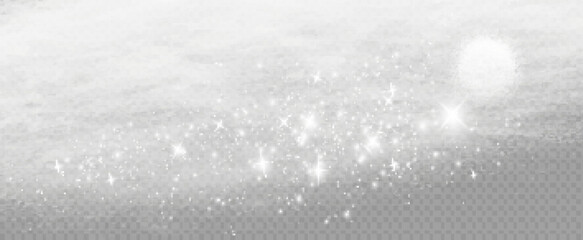 A transparent special effect is highlighted by fog or smoke. White cloud vector, fog or smog. Glitter of stars through a snowy haze.