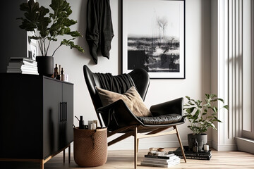Design armchair, black mock up poster frame, commode, wooden stool, book, décor, loft wall, and personal accessories make up this chic Scandinavian composition of a living room in a contemporary home