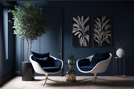 Armchairs in a contemporary living room with a dark blue wall and white floors. vacant room,. Generative AI