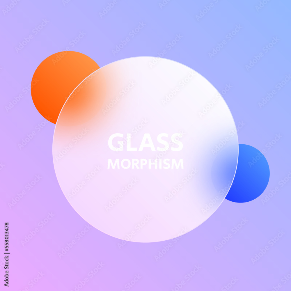 Poster glassmorphism effect background. transparent matte glass circle with colorful spheres. vector