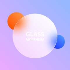 Glassmorphism effect background. Transparent matte glass circle with colorful spheres. Vector