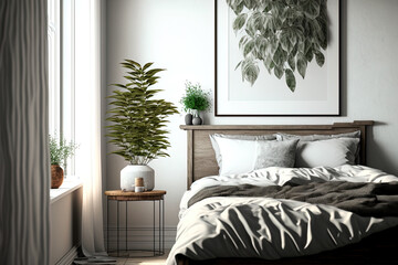 Realistic image of a bed with pillows and white and grey bedding adjacent to a table with a plant in a bedroom with a picture on the wall. Generative AI