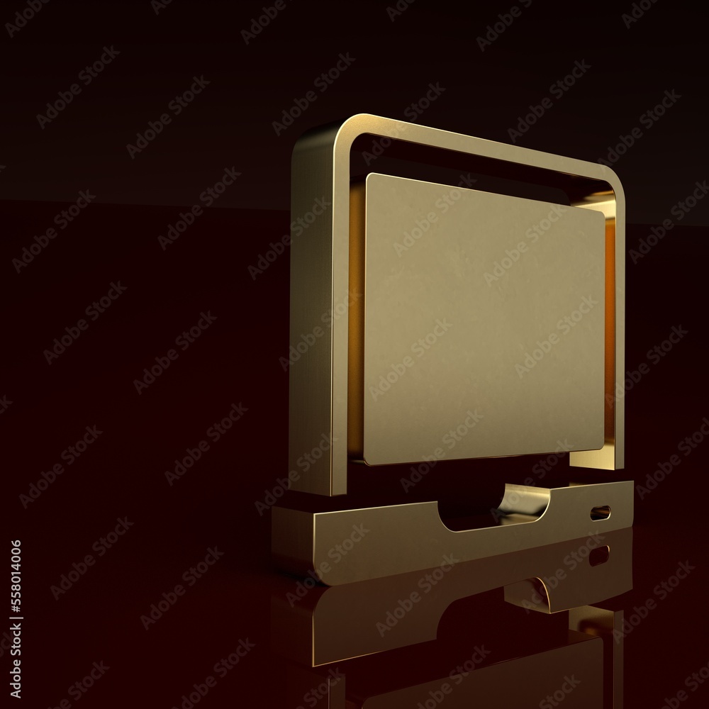 Poster gold laptop icon isolated on brown background. computer notebook with empty screen sign. minimalism 
