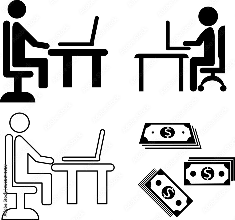 Poster remote work. line symbol worker man at the desk designer-freelancer. icon in outline style from the 
