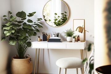 Elegant scandinavian decor featuring a wooden desk, design gold accents, books, and plants. On the white wall, there is a lovely mirror. Inventive interior design workstation. a cozy, sunny space. Cop