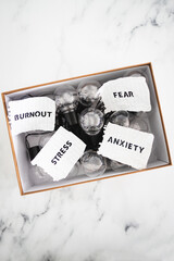 mental health text in box surrounded by anxiety fear stress and burnout texts over group of light bulbs