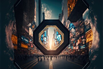 A Dimensional Portal in the middle of a Big Street in a Big City, Inviting Everyone to Explore a New Reality, In a Trip With No Return, Made With Ultimate Technology