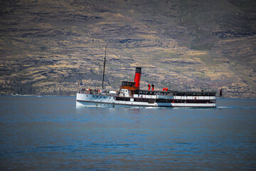 Qeenstown vintage steamboat stunning views, beautiful scenery and landscape, mountains and lakes, South Island, New Zealand