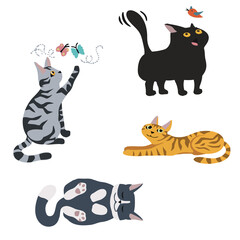 Fototapeta na wymiar Cute and funny vector doodle cats together. Cartoon cat or kitten characters design collection with in different poses. Set of pure-bred animals isolated on a white background.