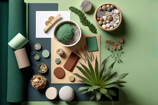 Samples of building, textile, and natural materials, as well as fashion accessories, are displayed in a flat lay of a creative architect's moodboard composition. green background, top perspective, and