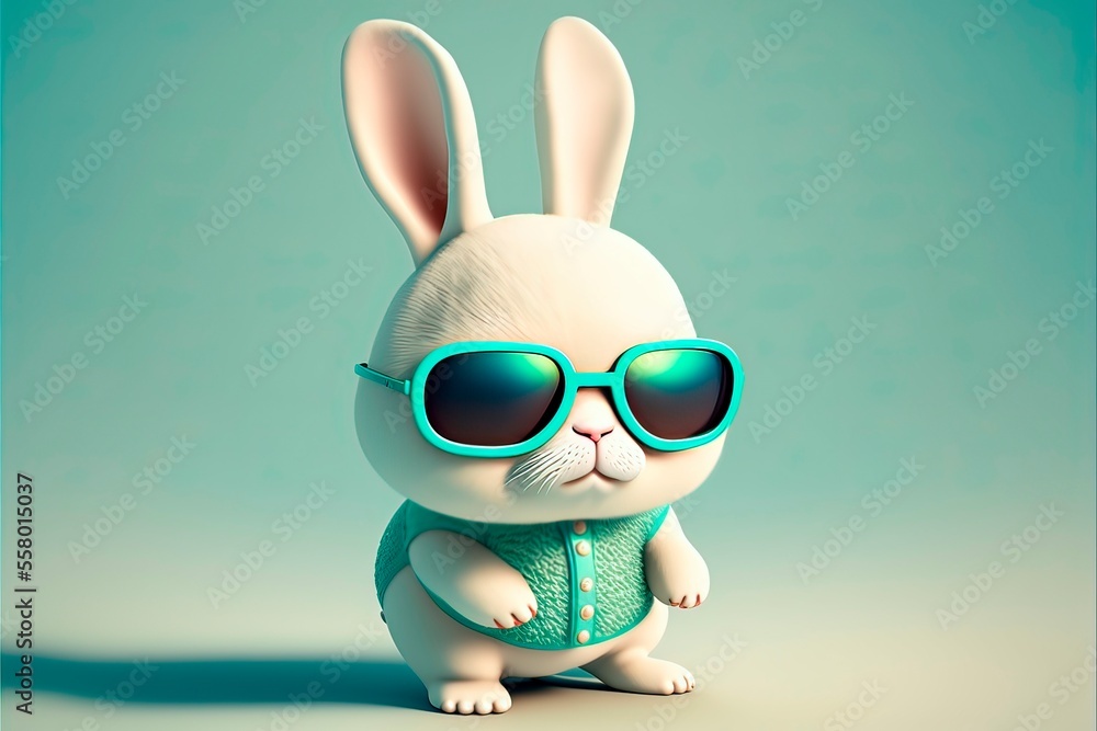 Canvas Prints Tiny kawaii rabbit wears sunglasses cartoon style. Cute little bunny wearing sunglasses on green theme.