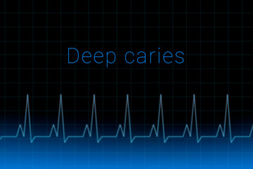 Deep caries disease. Deep caries logo on a dark background. Heartbeat line as a symbol of human disease. Concept Medication for disease Deep caries.