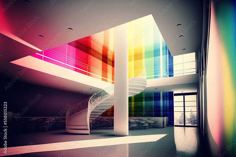 Aufkleber abstract multilevel public room with white and colourful gradient glasses within. generative ai