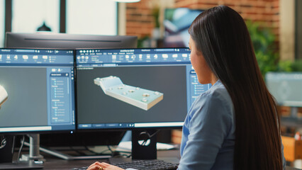 Digital 3d creator improving industrial prototype component using advanced software, developing...