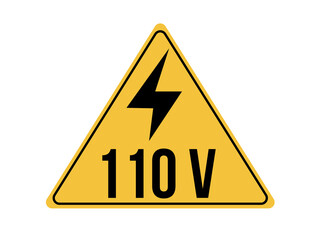 110 volts icon. Yellow board with warning of high voltage and electric shock. Vector isolated on white background