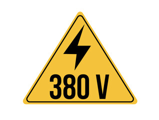 380 volts icon. Yellow board with warning of high voltage and electric shock. Vector isolated on white background