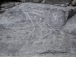 Petroglifos de huancor, figuras de ave tallada en roca, esferas, circulos, cultura antigua,  Perú,...