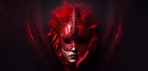 Gordijnen Venetian mask woman beautiful face front view looking at camera red dark mistery fantasy masquerade banner copy space dark  illustration. Generative AI © fabioderby