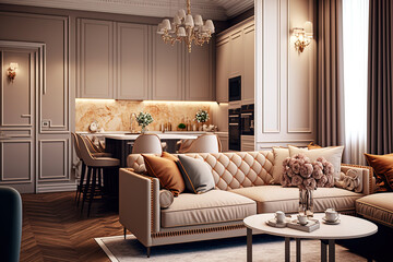 The studio apartment's living area has a contemporary interior design with warm, soothing colors. Soft beige furnishings and ornate built in lights. Generative AI