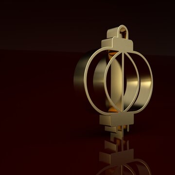 Gold Chinese Paper Lantern Icon Isolated On Brown Background. Minimalism Concept. 3D Render Illustration