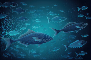 Naklejka premium Fish Fishes Blue Background Drawing Outline Line Art Abstract Concept Wallpaper, generative ai