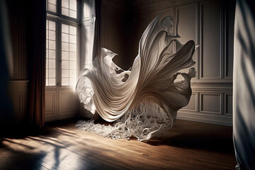The wind causes a white drape to flutter, revealing the wooden floor. Generative AI